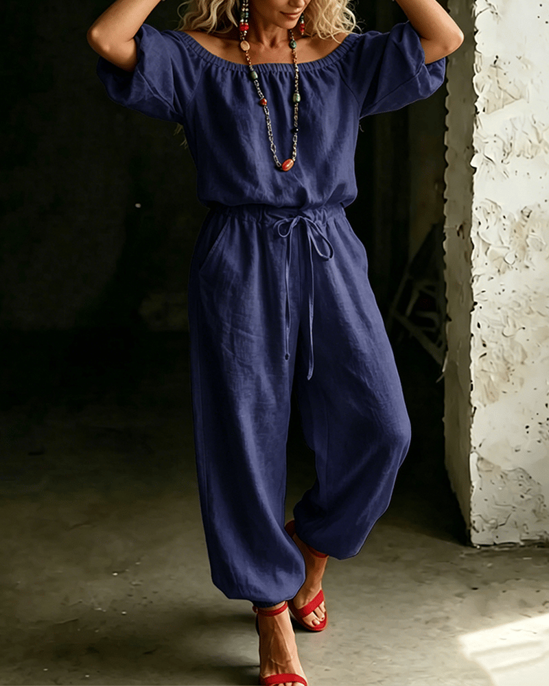 Off-Shoulder Tie Waist Cinched Waist Jumpsuit