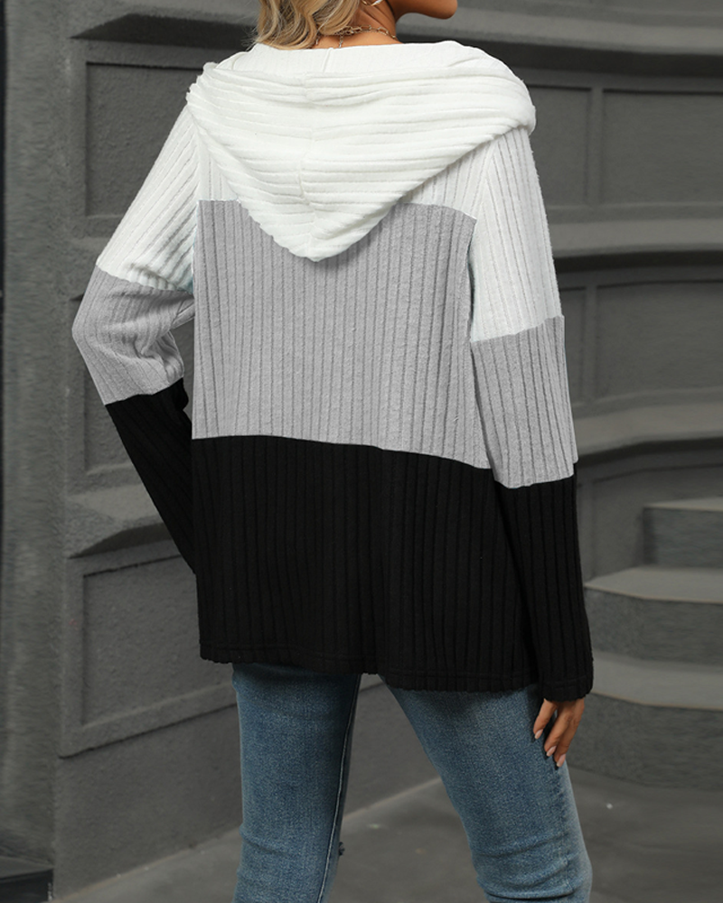 Contrast color zipper ribbed casual hoodie