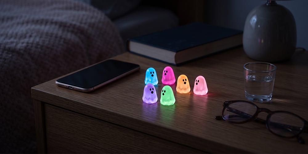 Tiny glowing ghosts on a desk