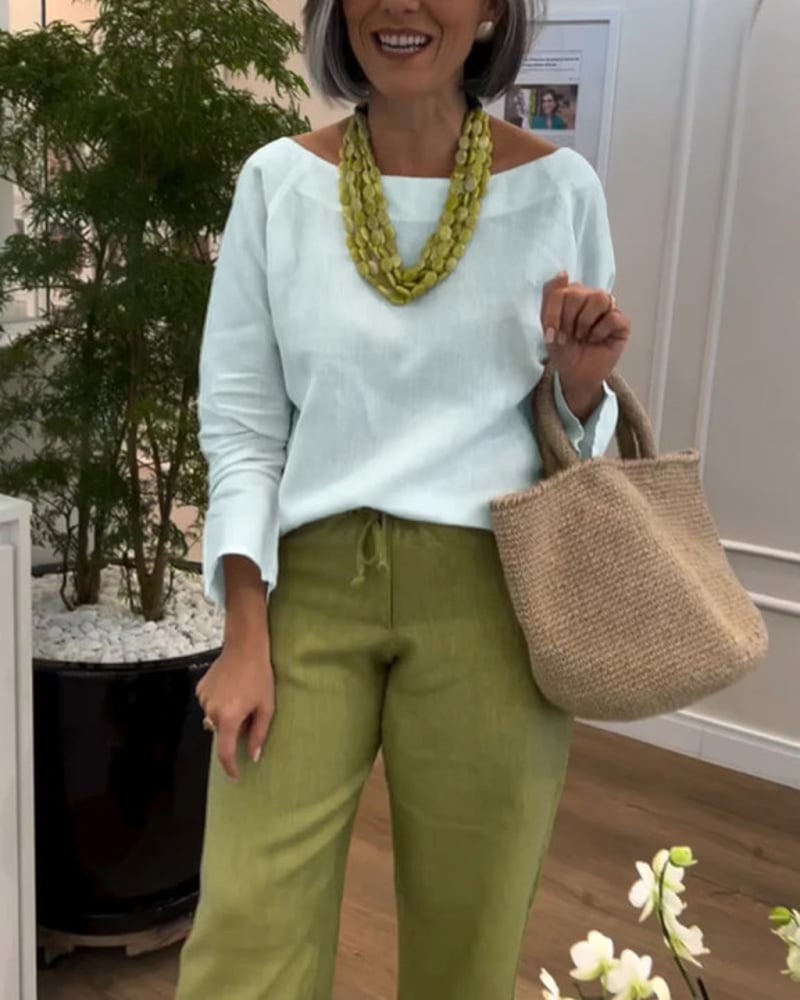 Top Simple avec Col Rond, Couleur Uni et Manches Longues