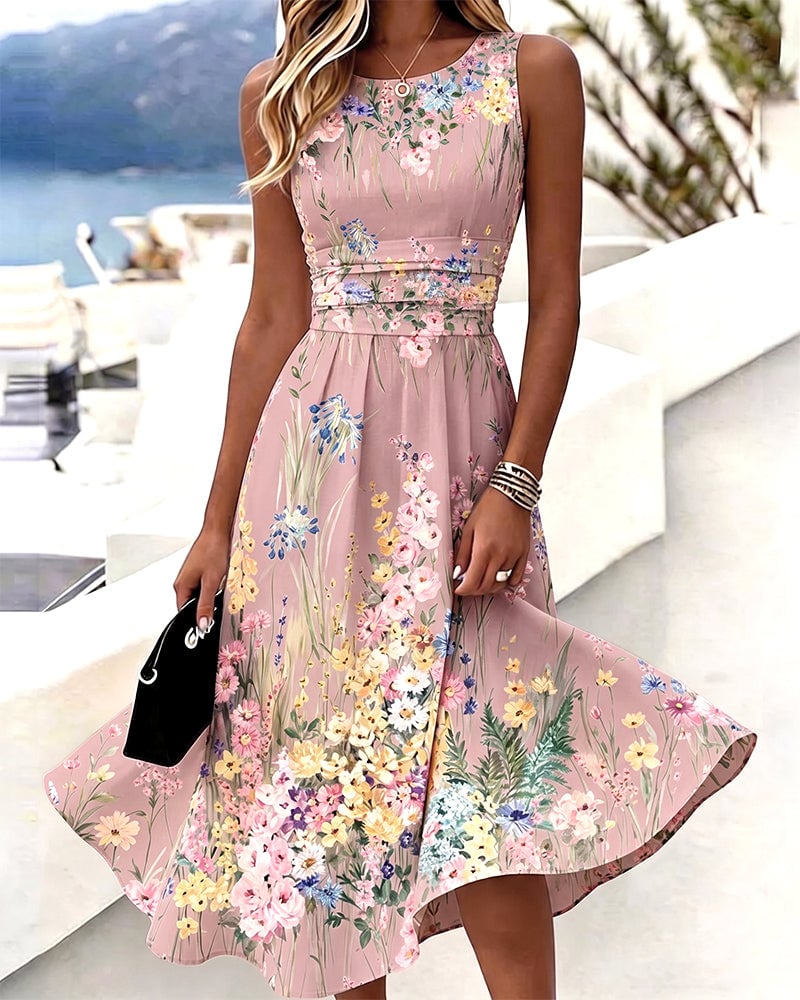 Sleeveless Floral Print Waist-Cinching Dress