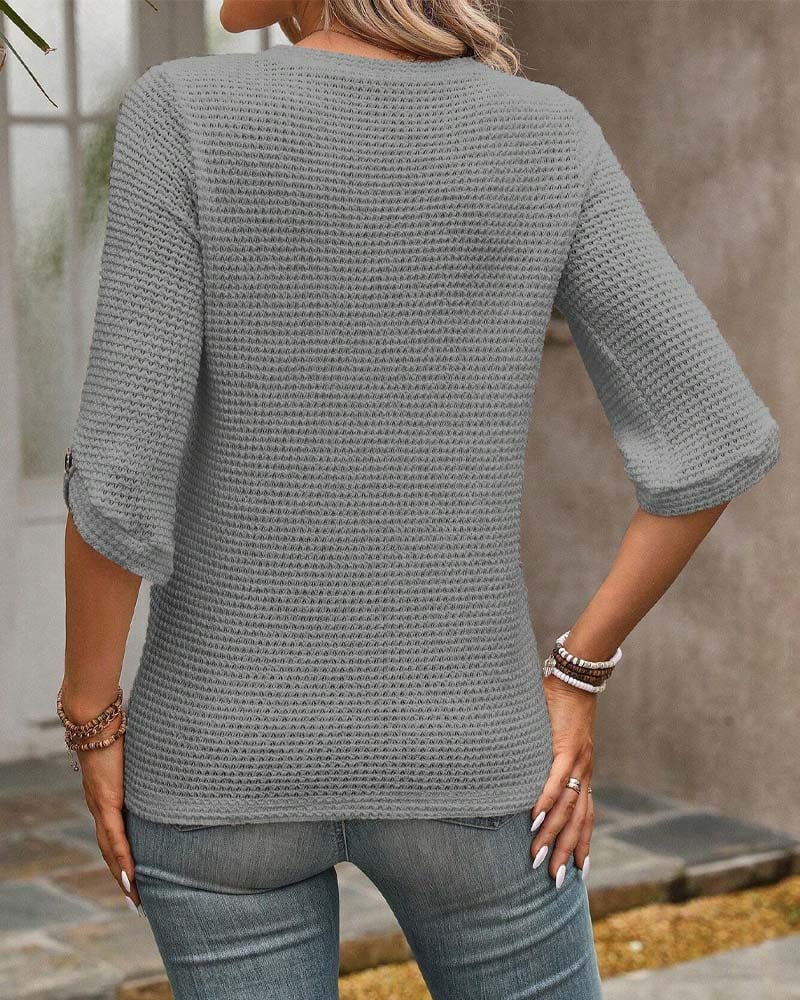 Waffle Solid Crew Neck Top