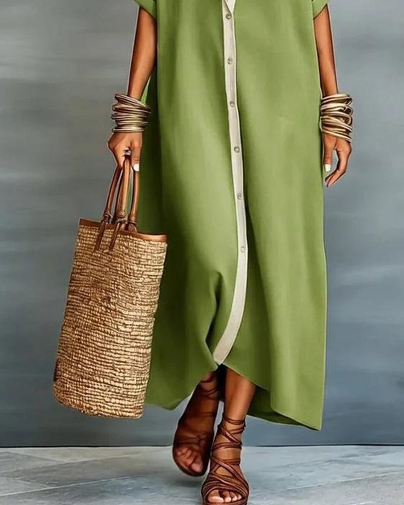 Elegant Lapel-Collar Draped Shirt Dress