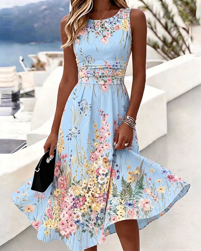 Sleeveless Floral Print Waist-Cinching Dress