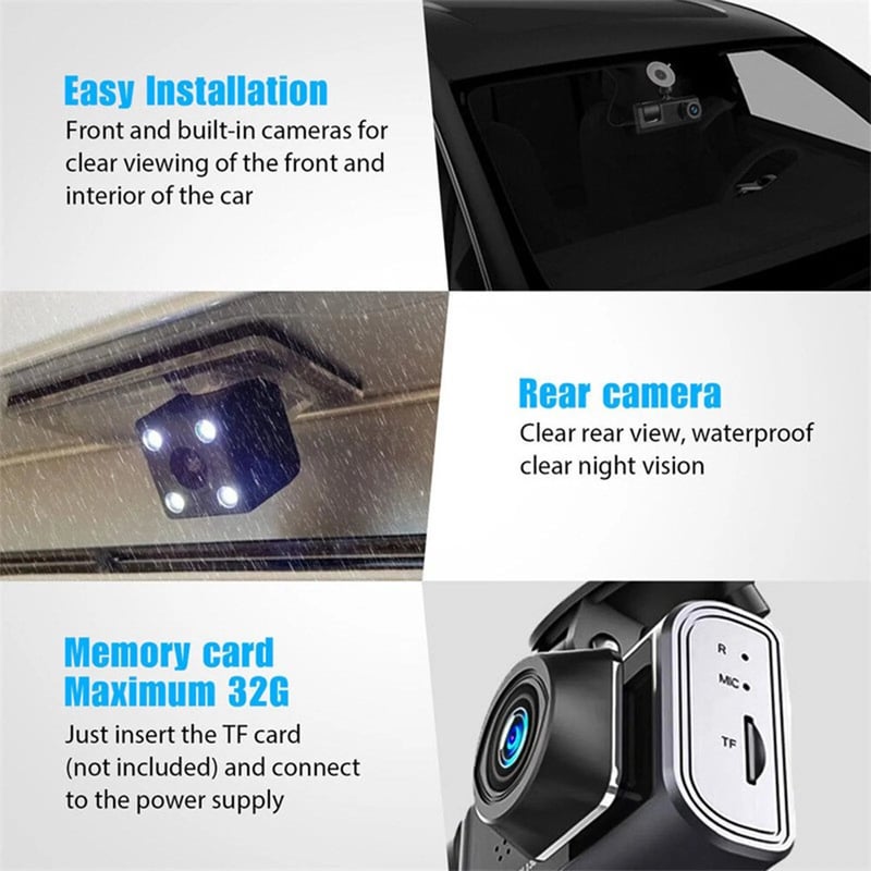 Sakerplus 3 Channel Dash Cam Front and Rear Inside