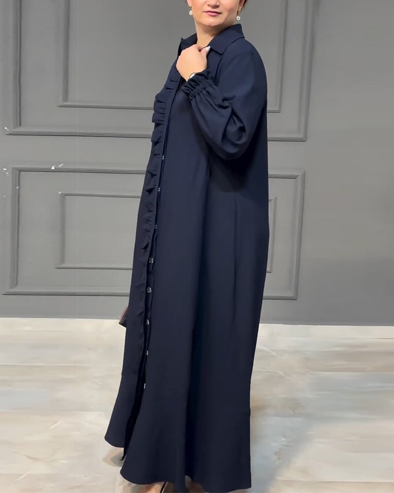 Lantern sleeve button ruffle shirt dress
