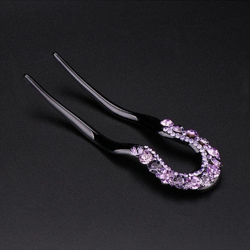 U-shape Crystal Rhinestone Double Prong Hair Pin Stick