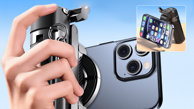 GIF showing hands unfolding the device from a compact stick into a stable four-leg tripod.