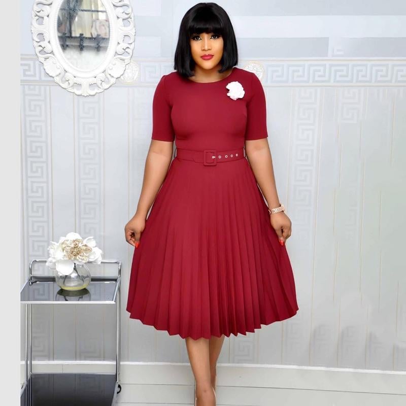 Solid Color Short Sleeve Pleated Dress On Knee