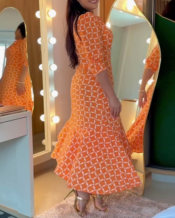 Robe Manches Mi-longues Col Rond Imprimé Taille