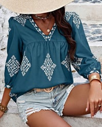Blouse V-hals Diamantprint Driekwartmouwen