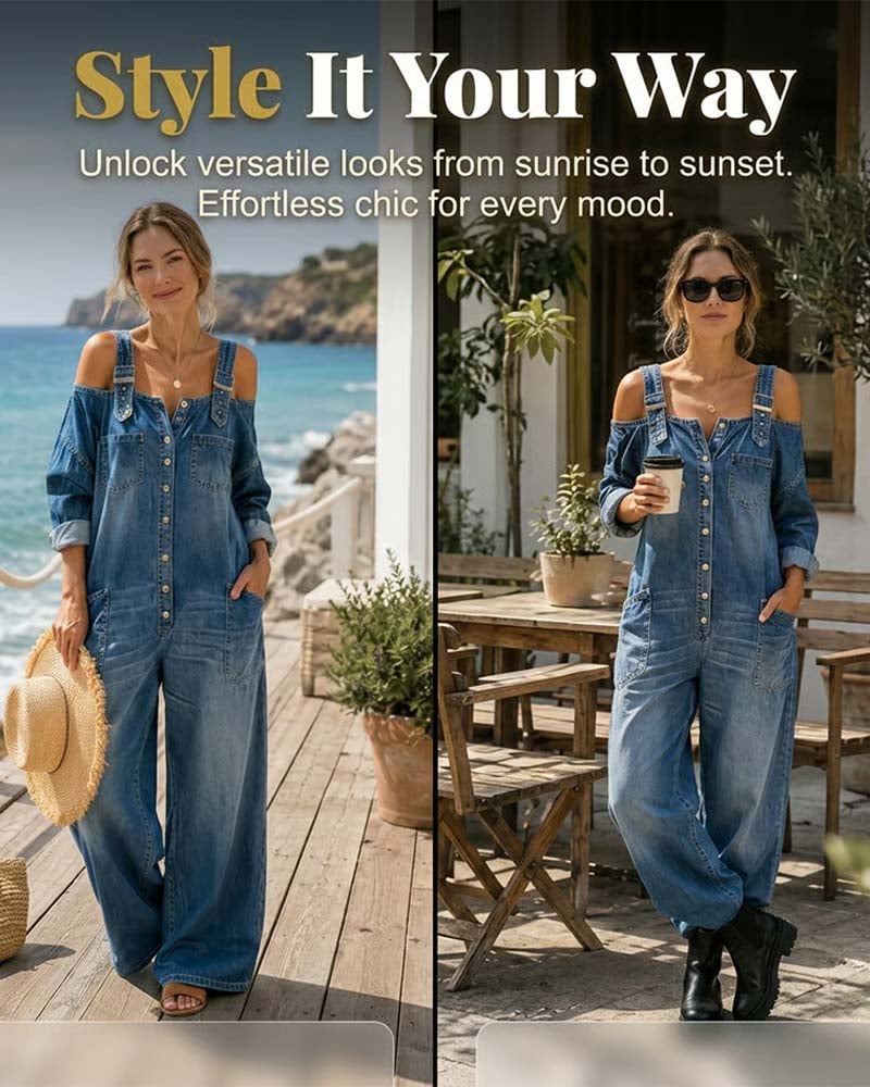 Spaghetti Strap Cold Shoulder Wide-Leg Denim Jumpsuit