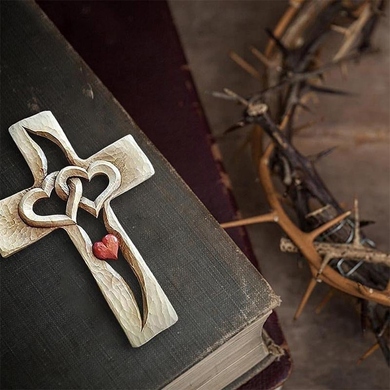 Carved Wooden Cross Intertwined Hearts