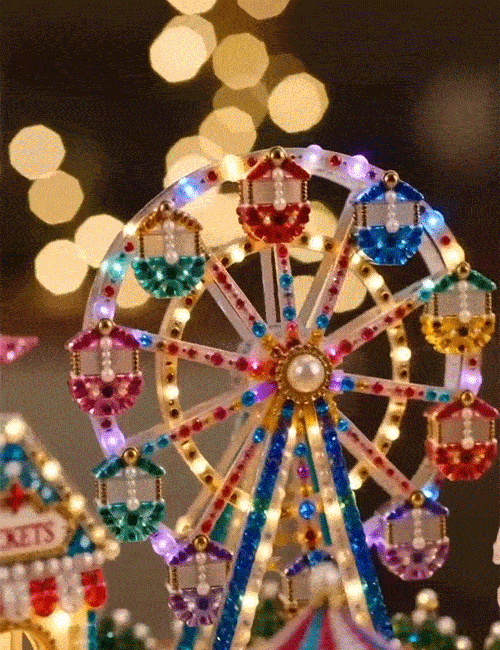 Animated detail of the sparkling Ferris wheel and completed Christmas scene lighting up in a dim room