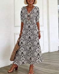 Klänning Vintage Blommönster V-Hals Maxi