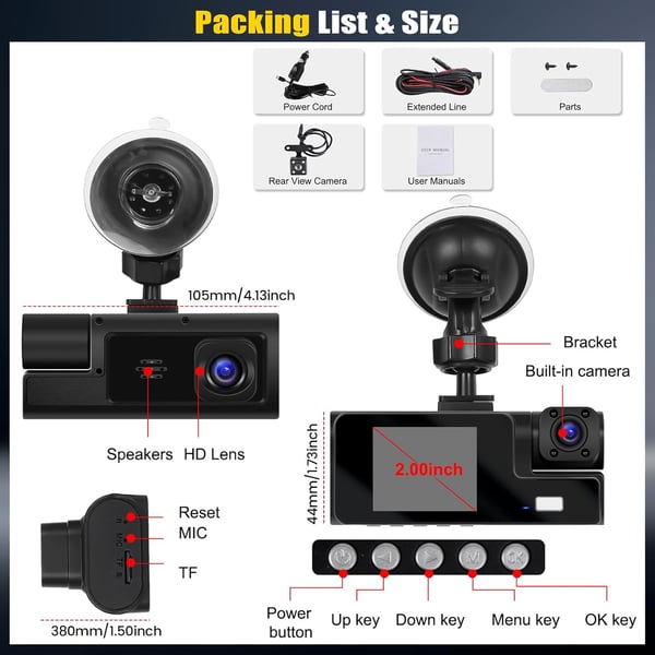 Sakerplus 3 Channel Dash Cam Front and Rear Inside