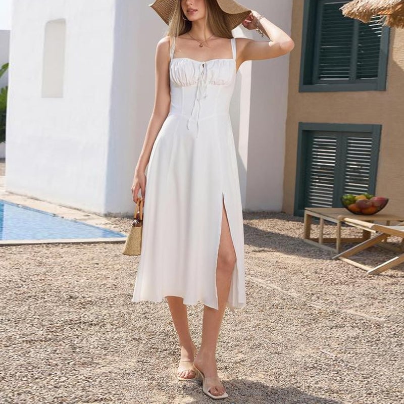 Elegantes einfarbig geschlitztes Cami-Kleid mit Taillenbinde