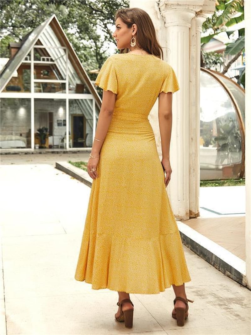 Casual Floral V Neck Short Sleeve Asymmetrical Long Dress