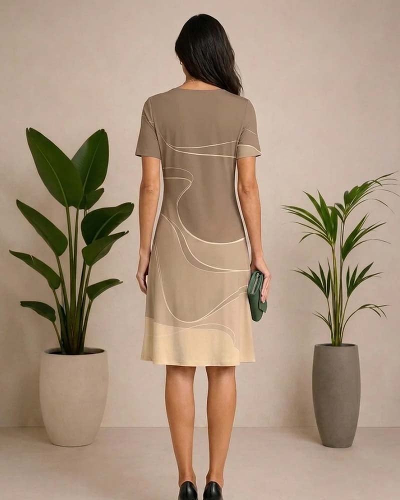 Round Neck Line Print Contrasting A-Line Dress