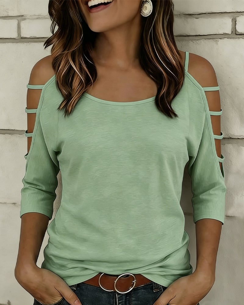 Solid Color Elbow-Length Sleeve Off-Shoulder T-Shirt