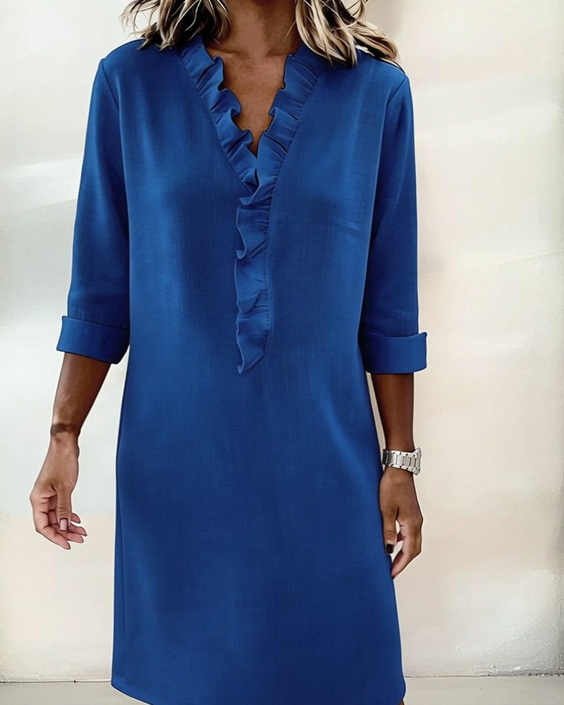 Ruffled V-Neck Solid Color Dress