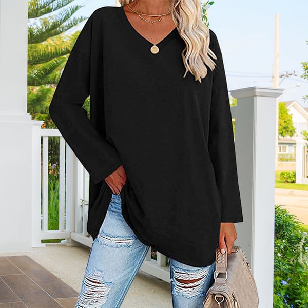 Ensfarget langermet t-skjorte med v-hals