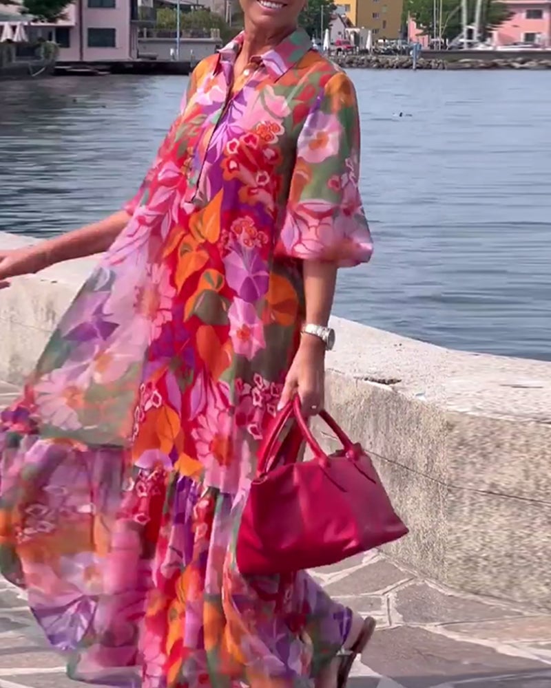 Colorful Printed Lantern Sleeve Loose Dress
