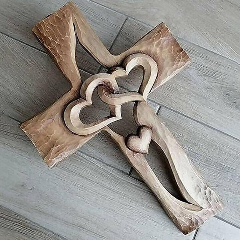 Carved Wooden Cross Intertwined Hearts