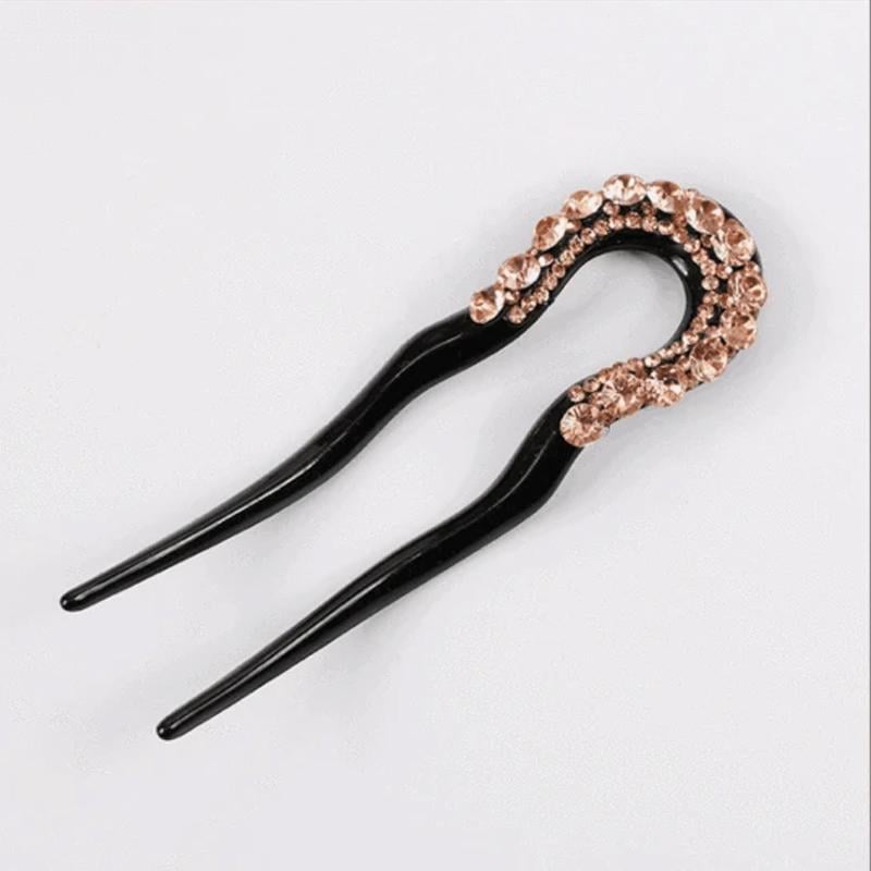 U-shape Crystal Rhinestone Double Prong Hair Pin Stick