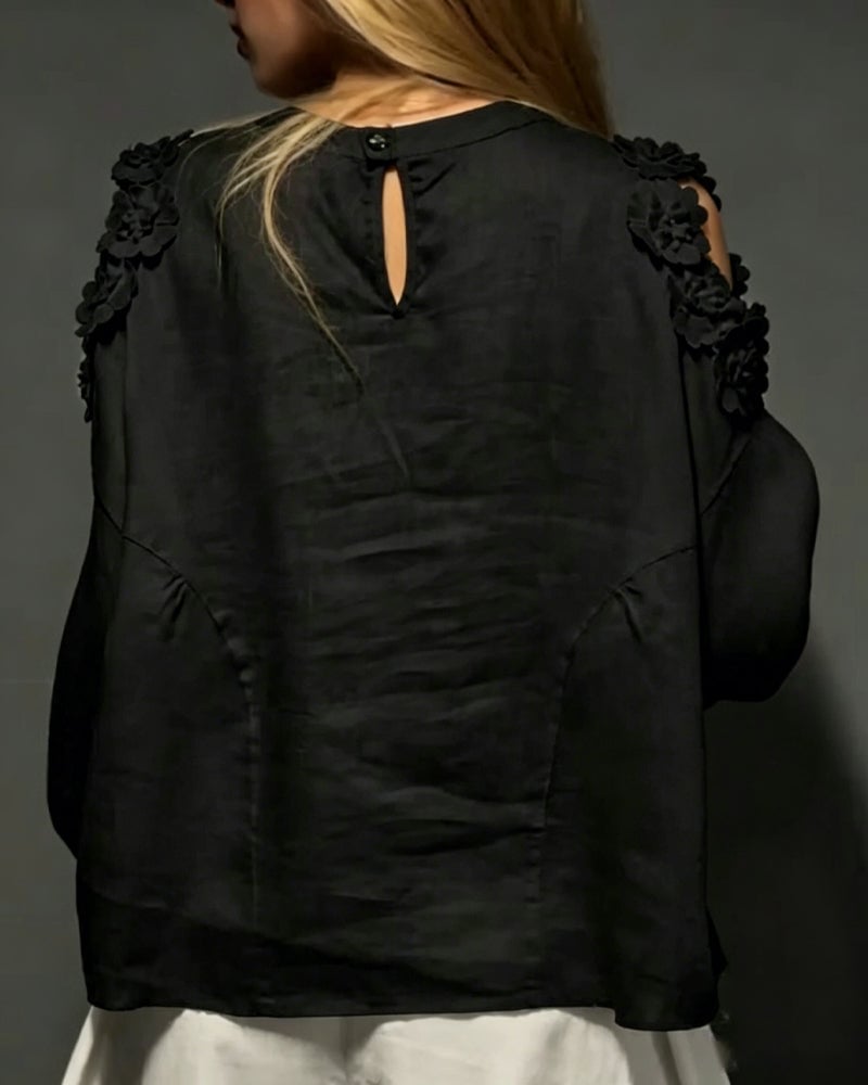 Crewneck Cut-Out Off-Shoulder 3D Floral Blouses
