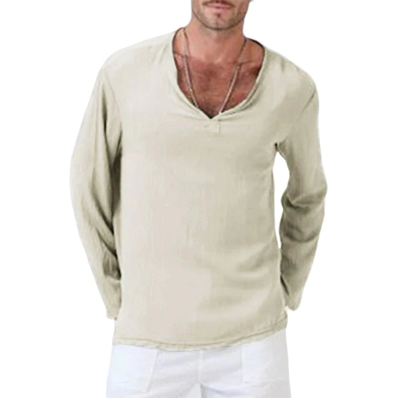 Men's Linen Loose Long Sleeve T-Shirt V-neck Solid Color Top