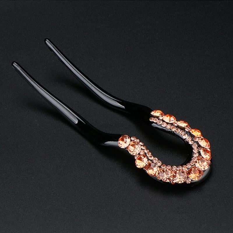 U-shape Crystal Rhinestone Double Prong Hair Pin Stick