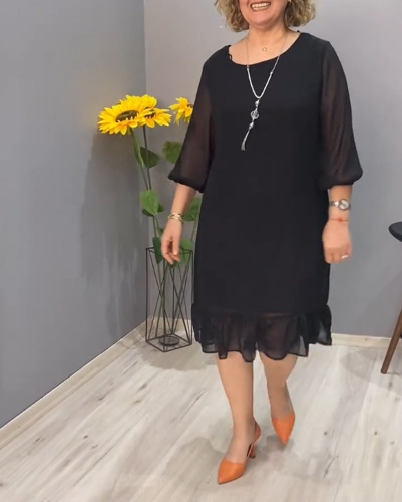 Casual solid color lantern sleeve ruffle dress