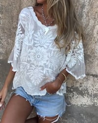 Blouse Manches Papillon Col Rond Brodé