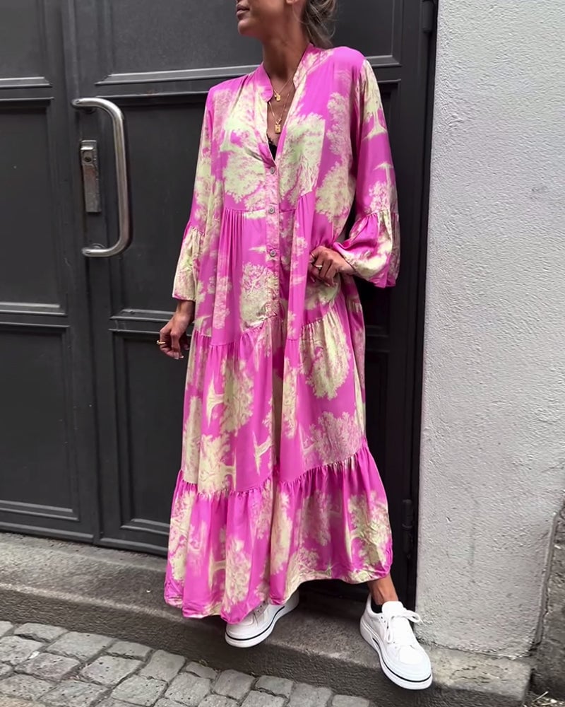 Robe patchwork ample imprimée à col en V et manches cloche
