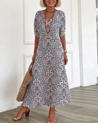 Klänning Vintage Blommönster V-Hals Maxi