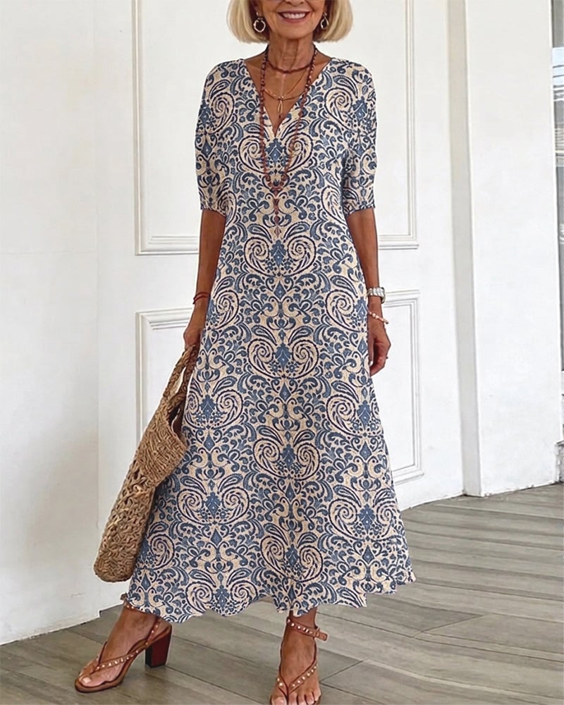 Klänning Vintage Blommönster V-Hals Maxi
