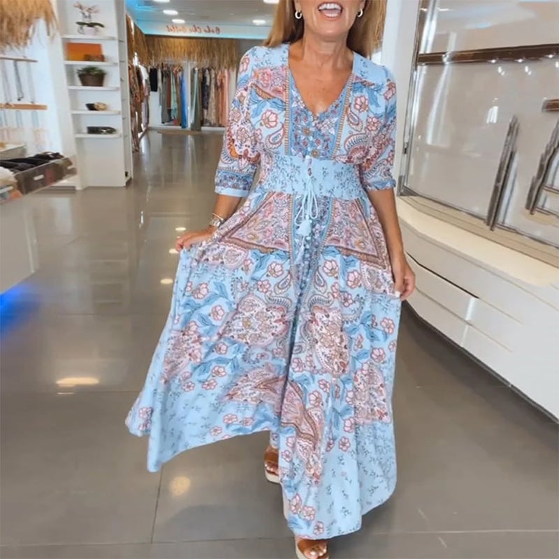 Robe de vacances à col en V et manches 3/4