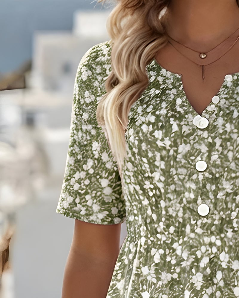 V-Neck Short-Sleeved Floral Dress