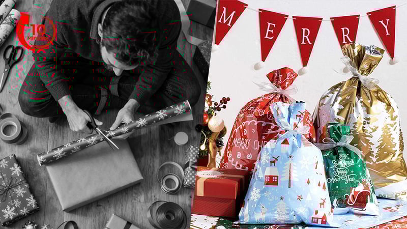 A comparison showing frustrating traditional gift wrapping versus easily using a drawstring bag