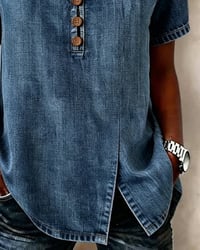 Slit V-Neck Denim Blouse