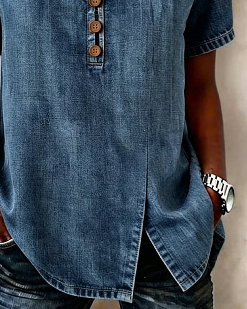 Slit V-Neck Denim Blouse