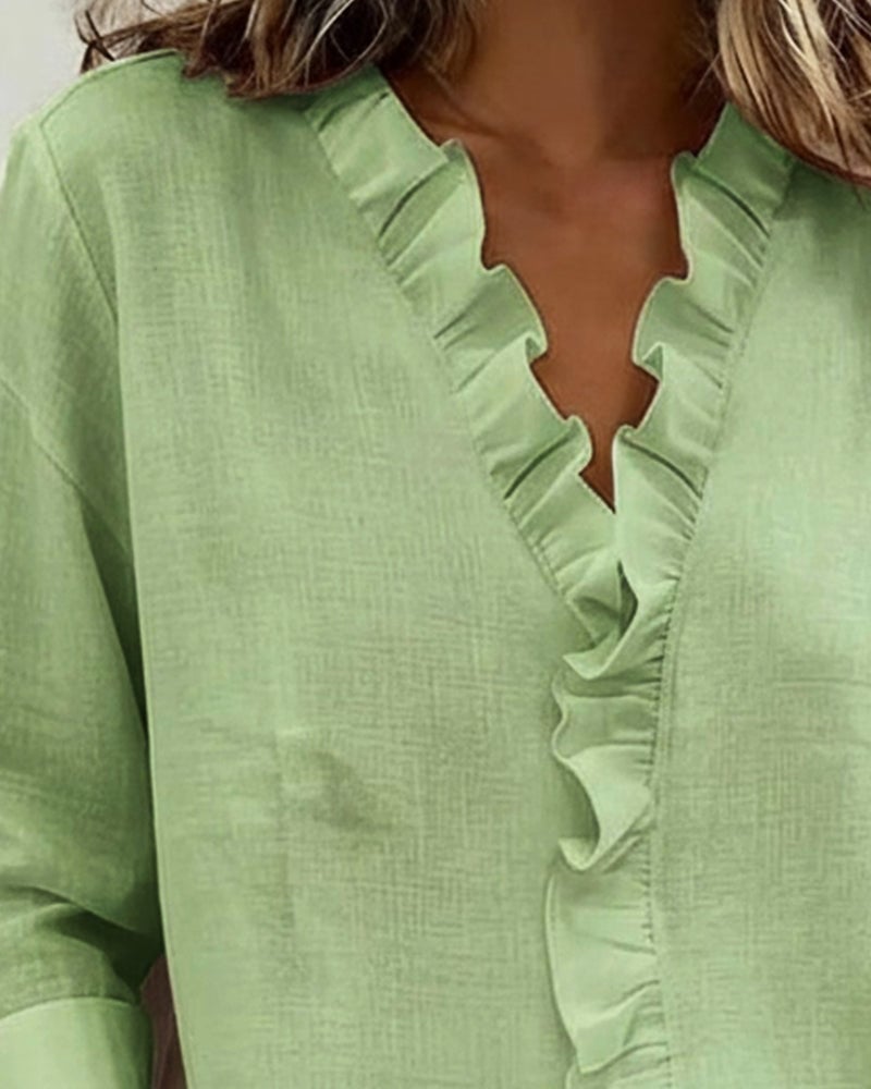 Ruffle V-Neck Long-Sleeve Blouse
