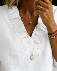 100% Cotton Ruffle V-Neck Three-Quarter Sleeve Blouse