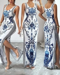 Blue-and-White Sleeveless Slit Maxi Dress