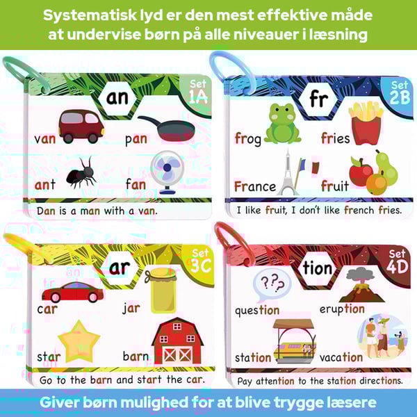 Flashkort til fonetik - Lær at læse i 20 trin - Digrafer CVC-blandinger Lange vokallyde