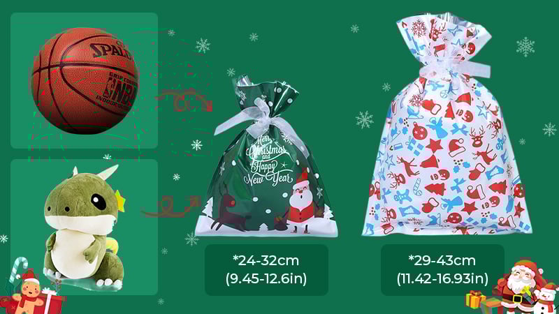 Oddly-shaped gifts like a basketball and a stuffed animal being easily placed into gift bags