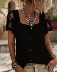 Square Neck Ribbed Lace Patchwork Blouse