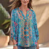 Women's Casual Boho Print V Neck Long Sleeve T-Shirt