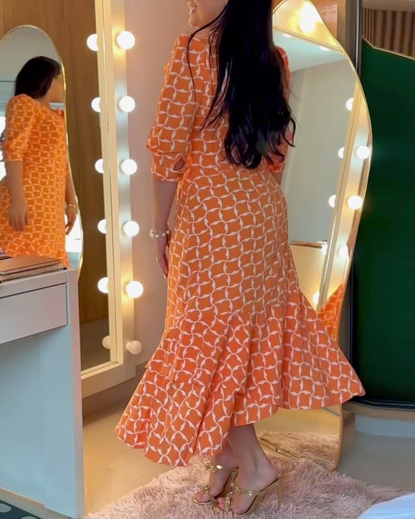 Robe Manches Mi-longues Col Rond Imprimé Taille